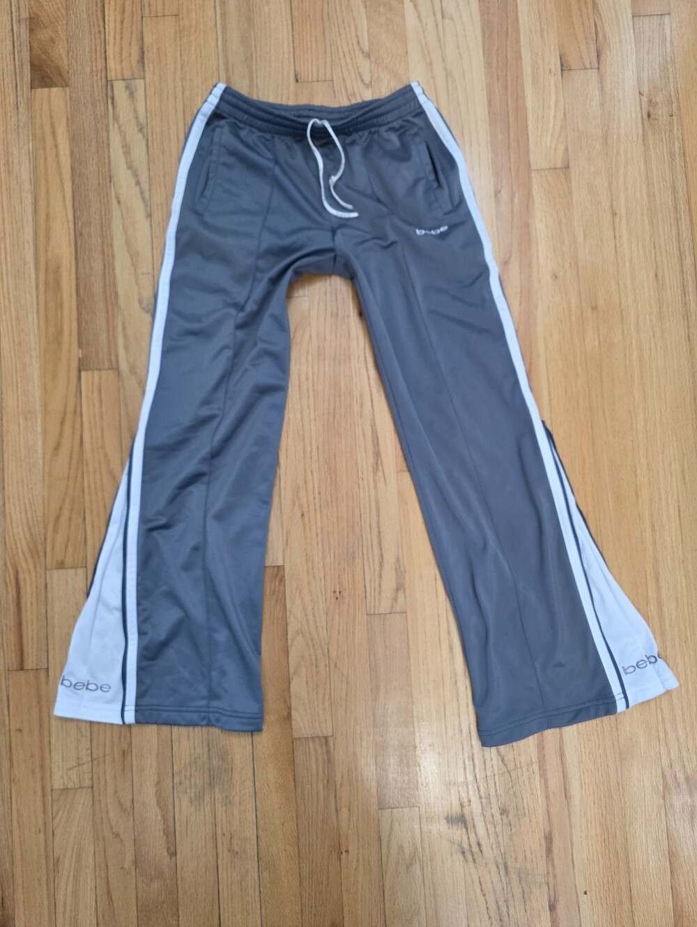 Y2K Bebe Sport Flare Zip Ankle Gray White Track Pants Sz S Drawstring